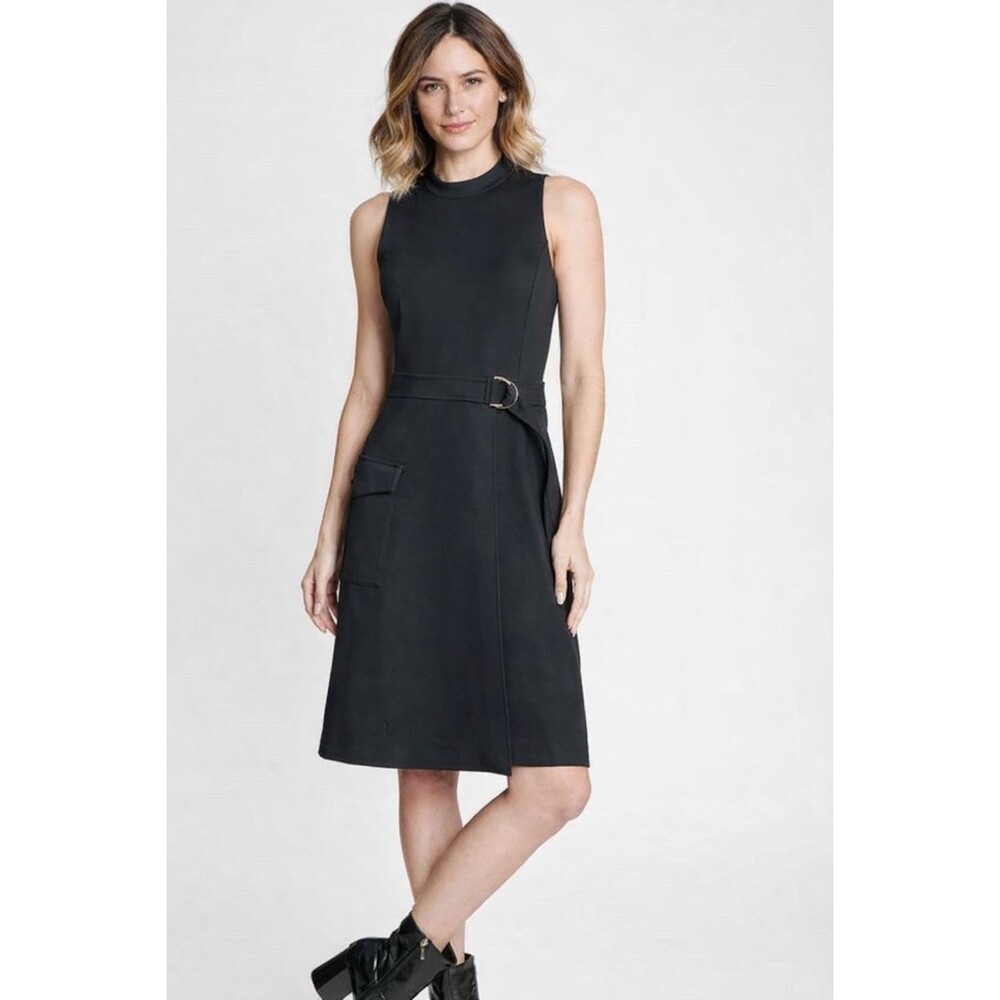 SPANX Dress Knee Size 1X Black Pockets Sleveless Belted ECOVERO Stretch #21125R